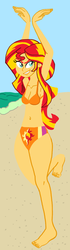 Size: 406x1442 | Tagged: safe, artist:oneovertwo, sunset shimmer, equestria girls, g4, barefoot, beach, belly button, bikini, cleavage, clothes, feet, female, solo, swimsuit