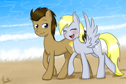 Size: 2965x1975 | Tagged: safe, artist:usagifriday, derpy hooves, doctor whooves, time turner, pegasus, pony, g4, beach, female, male, mare, ship:doctorderpy, shipping, straight