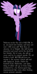 Size: 658x1304 | Tagged: source needed, useless source url, safe, artist:peachspices, edit, vector edit, twilight sparkle, alicorn, pony, g4, alicorn drama, black background, conspiracy, drama, drama queen, female, glowing, glowing eyes, immortality blues, it didn't happen, mare, op is a duck, prediction, simple background, solo, spread wings, text, twilicorn spotlight drama, twilight sparkle (alicorn), vector, wings