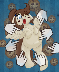 Size: 596x732 | Tagged: safe, artist:wizardski, oc, oc only, oc:cookie dough, oc:cookie dough (trottingham), belly, belly button, chubby, click, cookie clicker, fat, floppy ears, on back, open mouth, poking, pun, smiling, solo, spread wings, tickling, wink