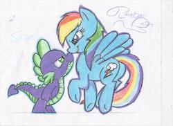 Size: 1170x850 | Tagged: safe, artist:digitaldomain123, artist:mickeymonster, artist:royalguardpony, rainbow dash, spike, g4, color, colored, traditional art