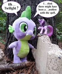 Size: 750x902 | Tagged: safe, artist:texasuberalles, spike, twilight sparkle, dragon, pony, unicorn, g4, build-a-bear, duo, female, irl, male, mare, mcdonald's happy meal toys, missing cutie mark, outdoors, photo, plushie, size difference, spike plushie, toy, tree, unicorn twilight