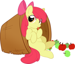 Size: 1280x1092 | Tagged: safe, artist:trunksi, apple bloom, earth pony, pony, g4, :p, apple, basket, blank flank, eye clipping through hair, female, filly, food, sitting, solo, tongue out