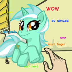 Size: 700x700 | Tagged: safe, artist:theartrix, lyra heartstrings, human, pony, unicorn, g4, caption, comic sans, couch, doge, female, hand, lying down, mare, meme, ponified animal photo, prone, smiling