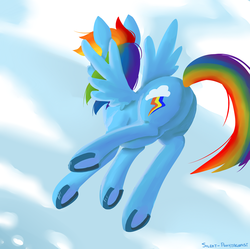 Size: 1000x996 | Tagged: safe, artist:silent ponytagonist, rainbow dash, g4, behind, butt, female, flying, horseshoes, pixiv, plot, sky, solo