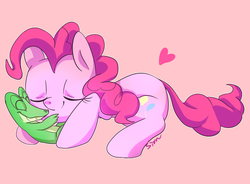 Size: 1324x973 | Tagged: safe, artist:sion, gummy, pinkie pie, g4, cute, diapinkes, gummybetes, heart, hug, love, pink background, pixiv, simple background