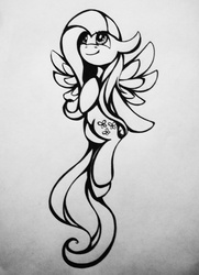 Size: 2649x3660 | Tagged: safe, artist:twistedmindbrony, fluttershy, g4, black and white, female, grayscale, monochrome, solo, traditional art