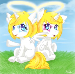 Size: 2008x2000 | Tagged: safe, artist:benkomilk, oc, oc only, oc:dreamstar, oc:starwishes, alicorn, angel, pony, alicorn oc, halo, siblings, twins