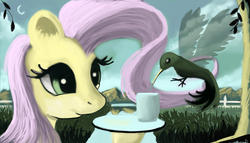 Size: 7560x4320 | Tagged: safe, artist:auroriia, fluttershy, bird, hummingbird, g4, absurd resolution, cup, moon, plate