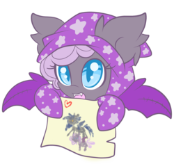 Size: 2051x1938 | Tagged: safe, artist:starlightlore, edit, oc, oc only, oc:sirocca, oc:speck, bat pony, pony, clothes, drawing, footed sleeper, heart, pajamas, paper, simple background, solo, transparent background