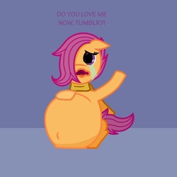 Size: 600x600 | Tagged: safe, artist:scootaloo009, scootaloo, pegasus, pony, ask pregnant scootaloo, g4, crying, female, filly, pregnant, pregnant foal, pregnant scootaloo, solo, teen pregnancy