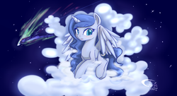 Size: 1280x698 | Tagged: dead source, safe, artist:xcopyen002, princess luna, alicorn, pony, g4, blushing, cloud, cloudy, female, night, solo, stars