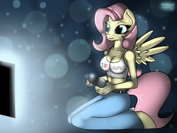 Size: 4000x3000 | Tagged: safe, artist:malamol, fluttershy, anthro, g4, breasts, busty fluttershy, cleavage, clothes, female, gamer, gamer gurrrl, gamershy, kneeling, lip bite, midriff, pants, shirt, smiling, solo, spread wings, television