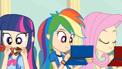 Size: 1920x1080 | Tagged: safe, artist:tiarawhy, fluttershy, rainbow dash, twilight sparkle, equestria girls, g4, 3ds, animated at source, bacon, eating, food, humanized, meat, nintendo, pokémon, steak, youtube link