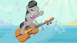 Size: 1920x1080 | Tagged: safe, artist:adcoon, octavia melody, earth pony, pony, g4, cello, female, mare, musical instrument, ocean, show accurate, solo, surfing, wet