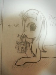 Size: 960x1280 | Tagged: safe, artist:sellein, trixie, pony, unicorn, g4, blushing, drink, female, mare, solo, traditional art