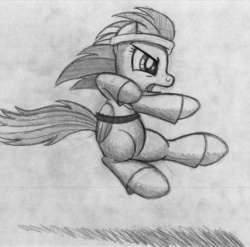 Size: 2444x2414 | Tagged: safe, artist:drawponies, rainbow dash, pegasus, pony, g4, black belt, clothes, female, gi, grayscale, headband, karate, mare, monochrome, open mouth, solo, traditional art