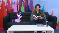 Size: 1022x569 | Tagged: safe, twilight sparkle, human, g4, arin hanson, book, egoraptor, filly, filly twilight sparkle, game grumps, irl, irl human, photo, ponies in real life