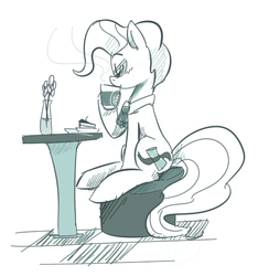 Size: 479x511 | Tagged: safe, artist:xieril, mayor mare, g4, cake, coffee, drinking, female, glasses, grayscale, monochrome, simple background, sitting, solo, table, vase