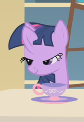 Size: 311x453 | Tagged: safe, screencap, twilight sparkle, pony, unicorn, a bird in the hoof, g4, season 1, animation error, cropped, female, great moments in animation, mare, mid-blink screencap, solo, teacup, wat