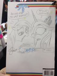 Size: 768x1024 | Tagged: safe, artist:andypriceart, derpy hooves, princess luna, pegasus, pony, g4, aweeg*, female, lies, mare, muffin, puffy cheeks, traditional art