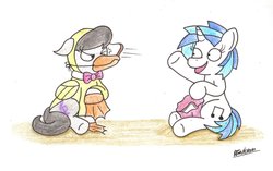 Size: 1024x642 | Tagged: safe, artist:bobthedalek, dj pon-3, octavia melody, vinyl scratch, duck, earth pony, pony, unicorn, g4, animal costume, bread, clothes, colored pencil drawing, costume, duo, female, mare, simple background, throwing, traditional art, unamused, white background