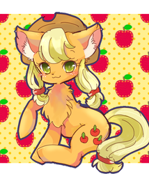 Size: 600x700 | Tagged: safe, artist:tsukuda, applejack, cat, g4, :3, alternate hairstyle, applecat, chest fluff, cute, female, pixiv, solo