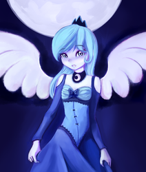 Size: 679x800 | Tagged: safe, artist:fajeh, princess luna, human, g4, backlighting, clothes, dress, female, humanized, moon, pony coloring, solo, winged humanization, younger