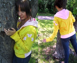 Size: 1744x1440 | Tagged: safe, artist:lisa-lou-who, fluttershy, human, g4, clothes, craft, hoodie, irl, irl human, photo