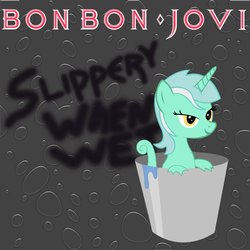 Size: 894x894 | Tagged: safe, artist:ak71, bon bon, lyra heartstrings, sweetie drops, pony, sea pony, g4, album cover, background pony, bon jovi, bonpun, bucket, female, implied bon bon, lidded eyes, mare, parody, ponified, ponified album cover, pun, seapony lyra, solo, water