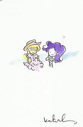 Size: 494x752 | Tagged: safe, artist:katiecandraw, applejack, rarity, equestria girls, g4, clothes, dress, dressup, female, frilly dress, lesbian, ship:rarijack, shipping, traditional art, watercolor painting