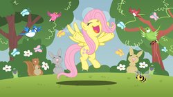 Size: 1191x670 | Tagged: safe, artist:ak71, fluttershy, bee, bird, butterfly, frog, rabbit, squirrel, g4, eyes closed, female, solo