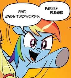 Size: 334x366 | Tagged: safe, applejack, rainbow dash, g4, exploitable meme, meme, papers please, two words meme