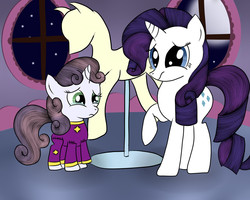 Size: 1250x1000 | Tagged: safe, artist:twojapacha, rarity, sweetie belle, g4, clothes, crying, mannequin