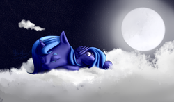 Size: 985x581 | Tagged: safe, artist:marshmellowcannibal, artist:moonsharddragon, princess luna, g4, cloud, cloudy, cute, female, filly, moon, s1 luna, sleeping, solo, woona