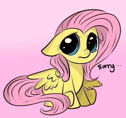 Size: 922x867 | Tagged: safe, artist:crocelif, fluttershy, pegasus, pony, g4, dialogue, female, pink background, simple background, sitting, solo