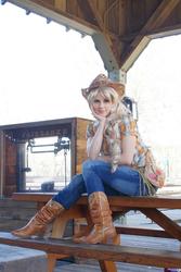 Size: 1366x2048 | Tagged: safe, artist:rose0fmay, applejack, human, g4, clothes, cosplay, irl, irl human, jeans, photo, sitting, solo