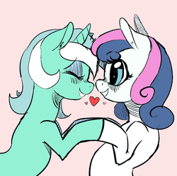 Size: 714x712 | Tagged: safe, artist:mewball, bon bon, lyra heartstrings, sweetie drops, g4, bipedal, colored, female, heart, lesbian, looking at each other, looking at someone, mare, ship:lyrabon, shipping, smiling, smiling at each other