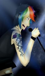 Size: 685x1165 | Tagged: safe, artist:mister-pierrot, rainbow dash, human, g4, humanized, rainbow blitz, rule 63, solo