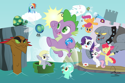 Size: 1689x1130 | Tagged: safe, artist:davuuwart, angel bunny, apple bloom, fido, lyra heartstrings, rainbow dash, rarity, scootaloo, spike, sweetie belle, tank, diamond dog, dragon, earth pony, hydra, parasprite, pegasus, pony, rabbit, tortoise, unicorn, g4, animal, crossover, cutie mark crusaders, female, filly, foal, gem, horn, male, mare, multiple heads, nintendo, parody, style emulation, super mario bros., warp pipe