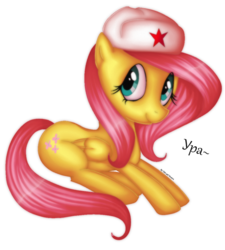 Size: 900x998 | Tagged: safe, artist:antych, fluttershy, pegasus, pony, g4, female, hat, lying down, mare, prone, russia, russian, solo, soviet, ushanka