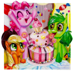 Size: 1776x1719 | Tagged: safe, artist:antych, artist:renroyal, applejack, pinkie pie, oc, oc:anto, g4, cake, candy, cherry, collaboration, cupcake, happy, lollipop, traditional art