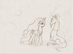 Size: 800x581 | Tagged: safe, artist:antych, discord, princess celestia, g4, female, male, ship:dislestia, shipping, sketch, straight