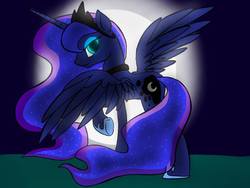 Size: 960x720 | Tagged: safe, artist:rainbow-pon3, princess luna, g4, backlighting, female, looking back, smiling, solo