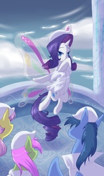Size: 602x1020 | Tagged: safe, artist:whitephox, blues, merry may, noteworthy, parasol, rarity, pegasus, pony, g4, sonic rainboom (episode), audience, butterfly wings, clothes, day, flying, glimmer wings, scene interpretation, wahaha, weather factory, weather factory uniform, wings