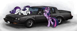 Size: 1280x512 | Tagged: safe, artist:king-kakapo, rarity, twilight sparkle, pony, unicorn, g4, buick, buick gnx, butt, car, female, mare, plot