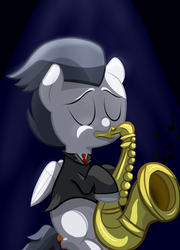 Size: 1280x1781 | Tagged: safe, artist:cosmonaut, rumble, lets ask rumble, g4, clothes, colt, eyes closed, foal, male, music, musical instrument, necktie, saxophone, shirt, sitting, solo, spotlight, suit