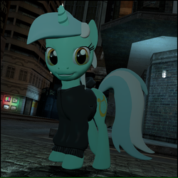 Size: 652x653 | Tagged: safe, artist:dbuilder, lyra heartstrings, fanfic:background pony, g4, 3d, brick wall, city, clothes, female, gmod, hoodie, looking at you, mare, night, ponies wearing black, smiling, smiling at you, solo, street, streets