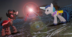 Size: 1241x644 | Tagged: safe, artist:dbuilder, king sombra, shining armor, g4, 3d, armor, fight, gmod, sword, warzone