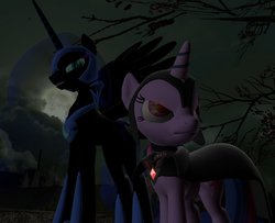 Size: 992x806 | Tagged: safe, artist:dbuilder, nightmare moon, twilight sparkle, pony, unicorn, g4, 3d, alicorn amulet, armor, cape, clothes, corrupted, corrupted twilight sparkle, dark twilight sparkle, gmod, helmet, night, unicorn twilight